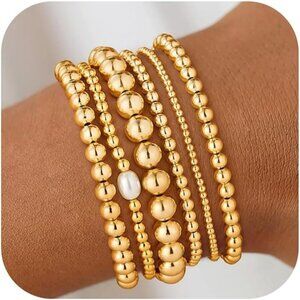 Women's 14k Real Gold Plated Trendy Beaded Stack Adjustable Pearl Bracelet Set